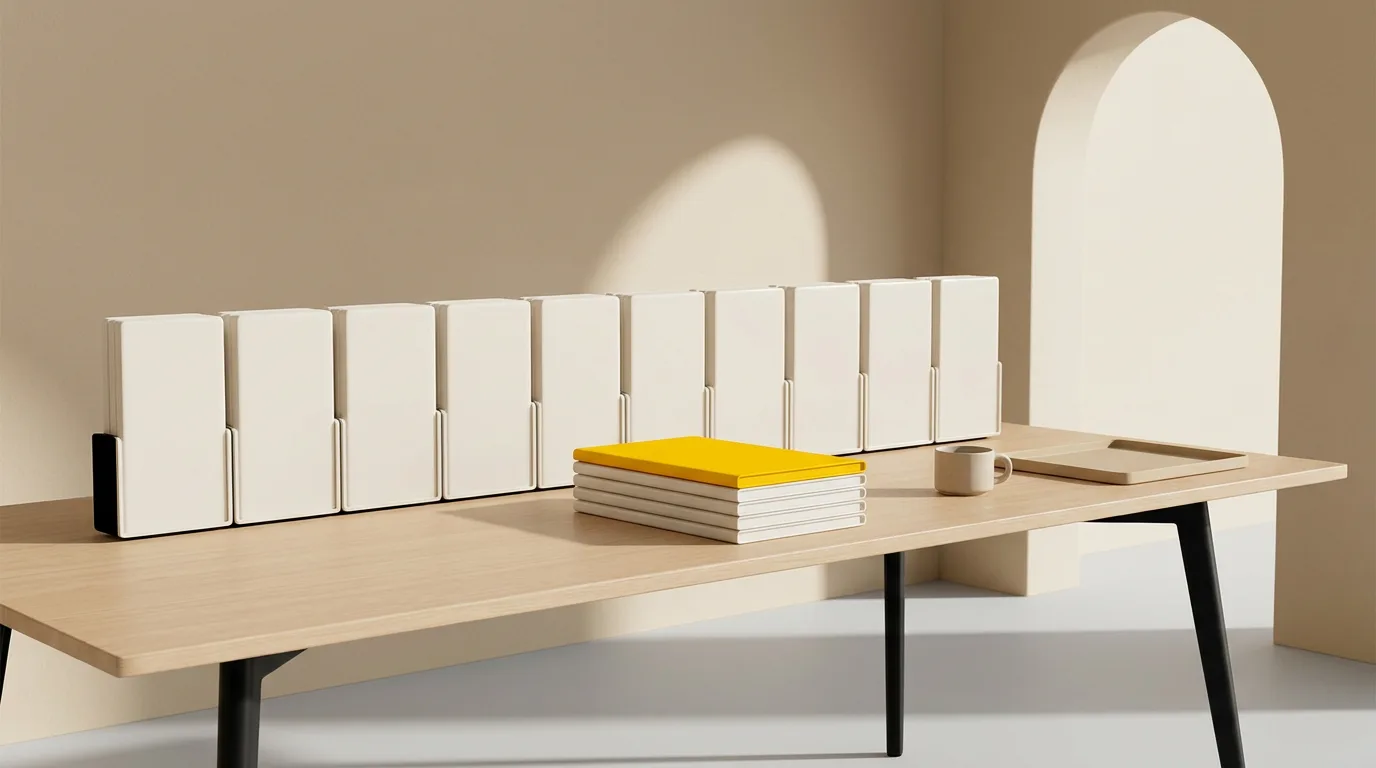 A long sunlit table holding a row of nine pale upright panels, five of them pulled out into a short flat stack topped with a yellow one