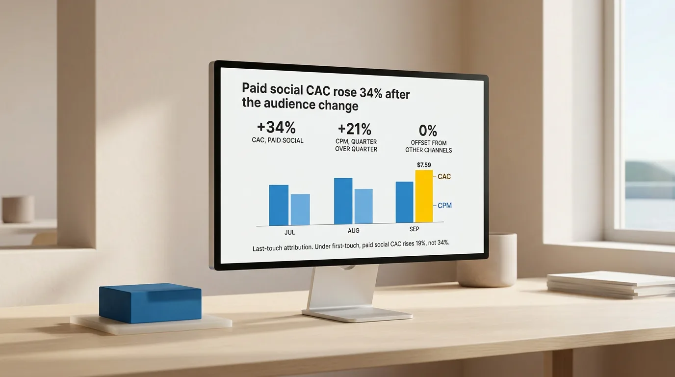 The same monitor showing a driver slide: paid social CAC up 34%, one labelled chart, and the attribution model named in a line beneath it