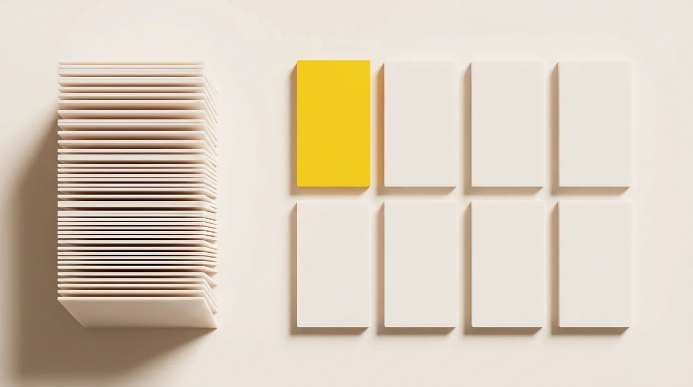 Overhead view of a thick stack of twenty-two pale sheets beside eight thick panels laid out four by two, the first one yellow