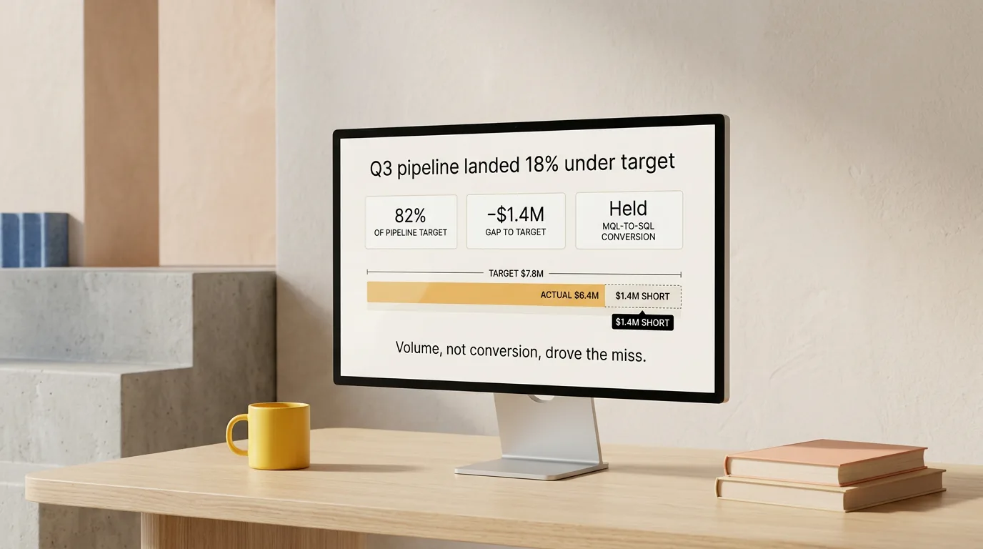 A monitor on a warm wooden desk showing an outcome slide: pipeline at 82% of target with the $1.4M gap sized