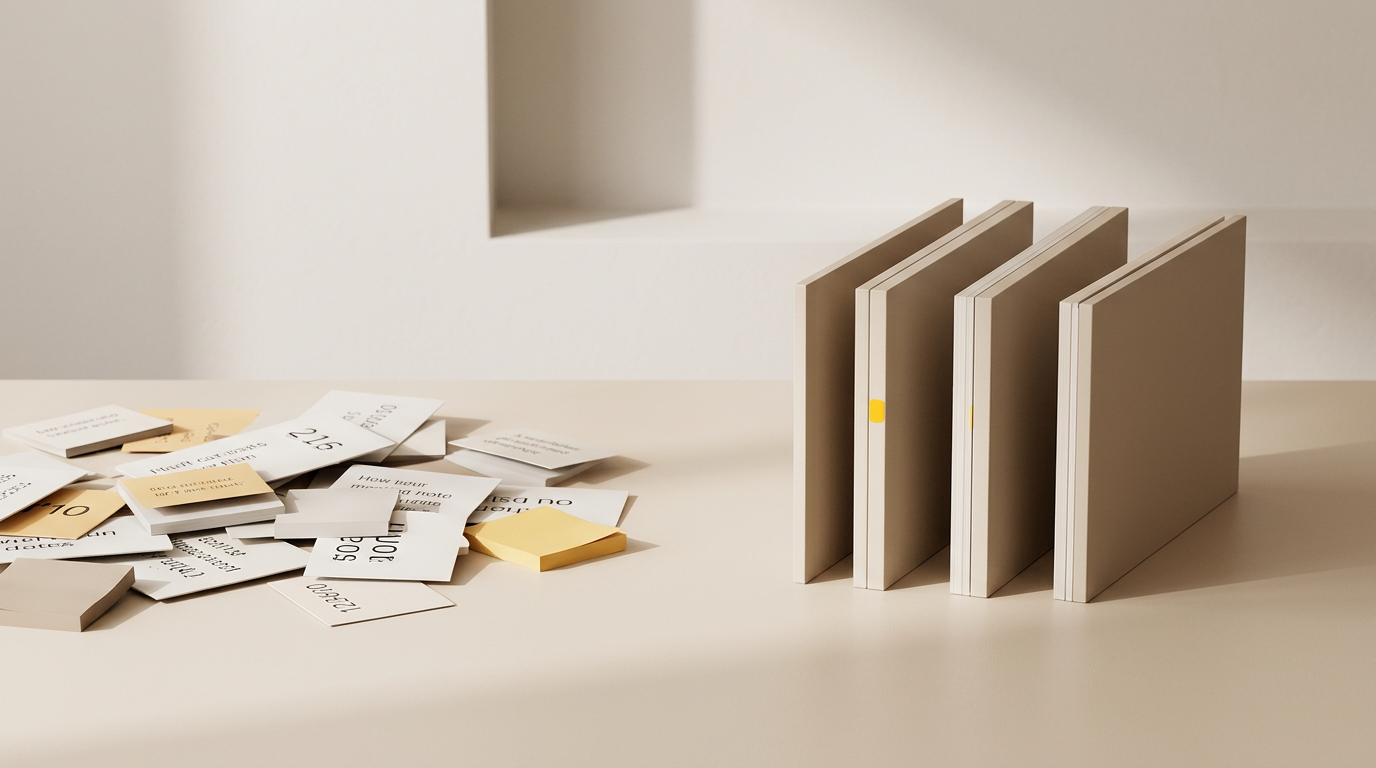 A desk where scattered paper notes on the left resolve into an ordered row of standing panels on the right, one with a yellow accent