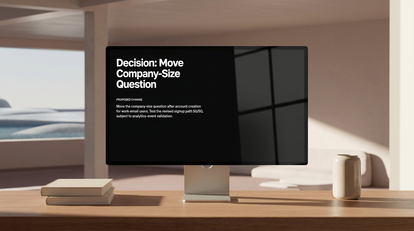 A monitor on a warm desk displaying a finished slide with the decision to move the company-size question after account creation