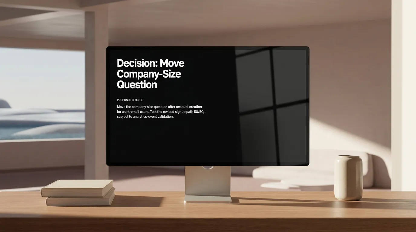 A monitor on a warm desk displaying a finished slide with the decision to move the company-size question after account creation