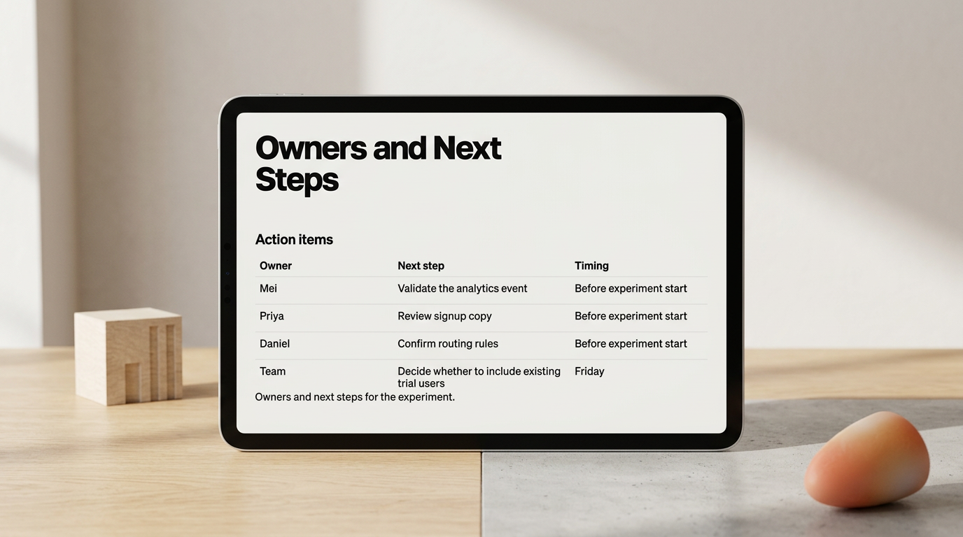 A tablet on a desk displaying a finished slide with an owners and next steps table for Mei, Priya, and Daniel