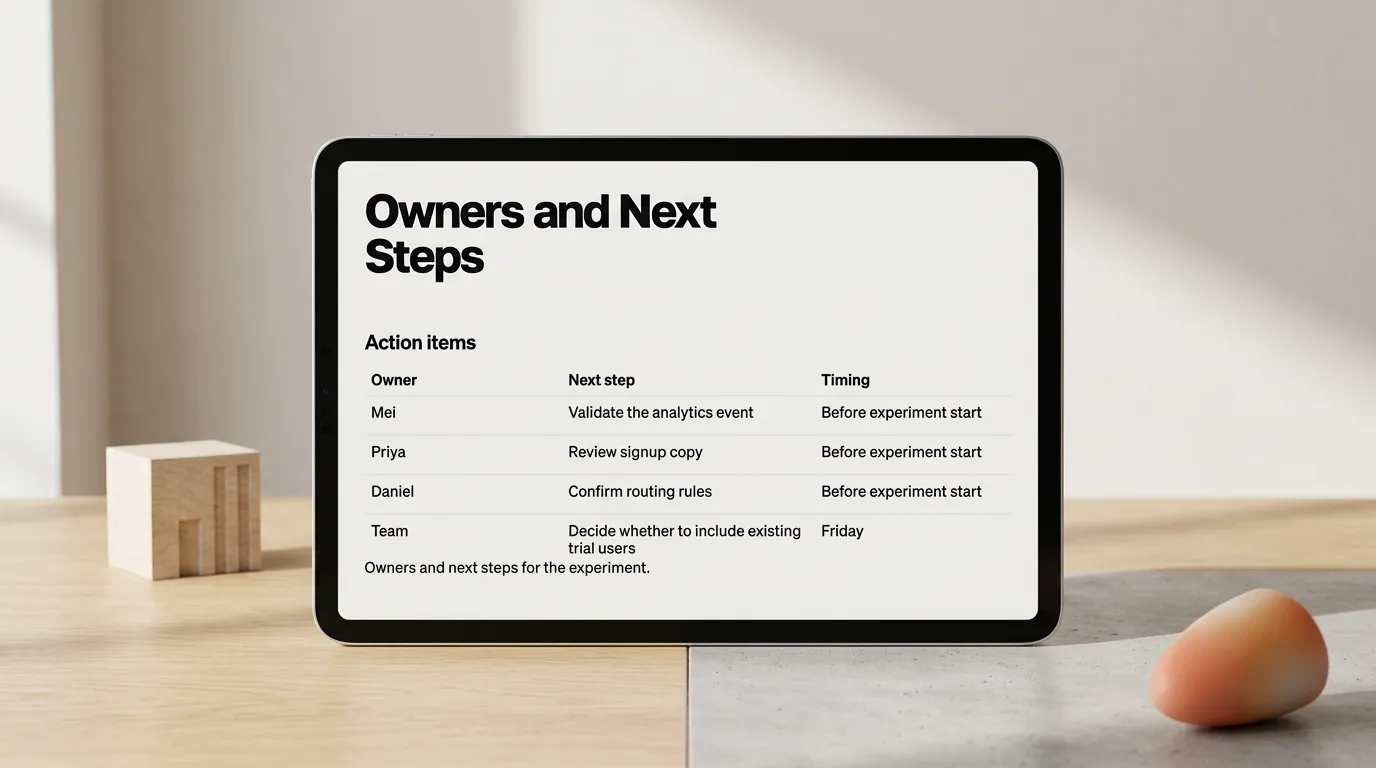 A tablet on a desk displaying a finished slide with an owners and next steps table for Mei, Priya, and Daniel