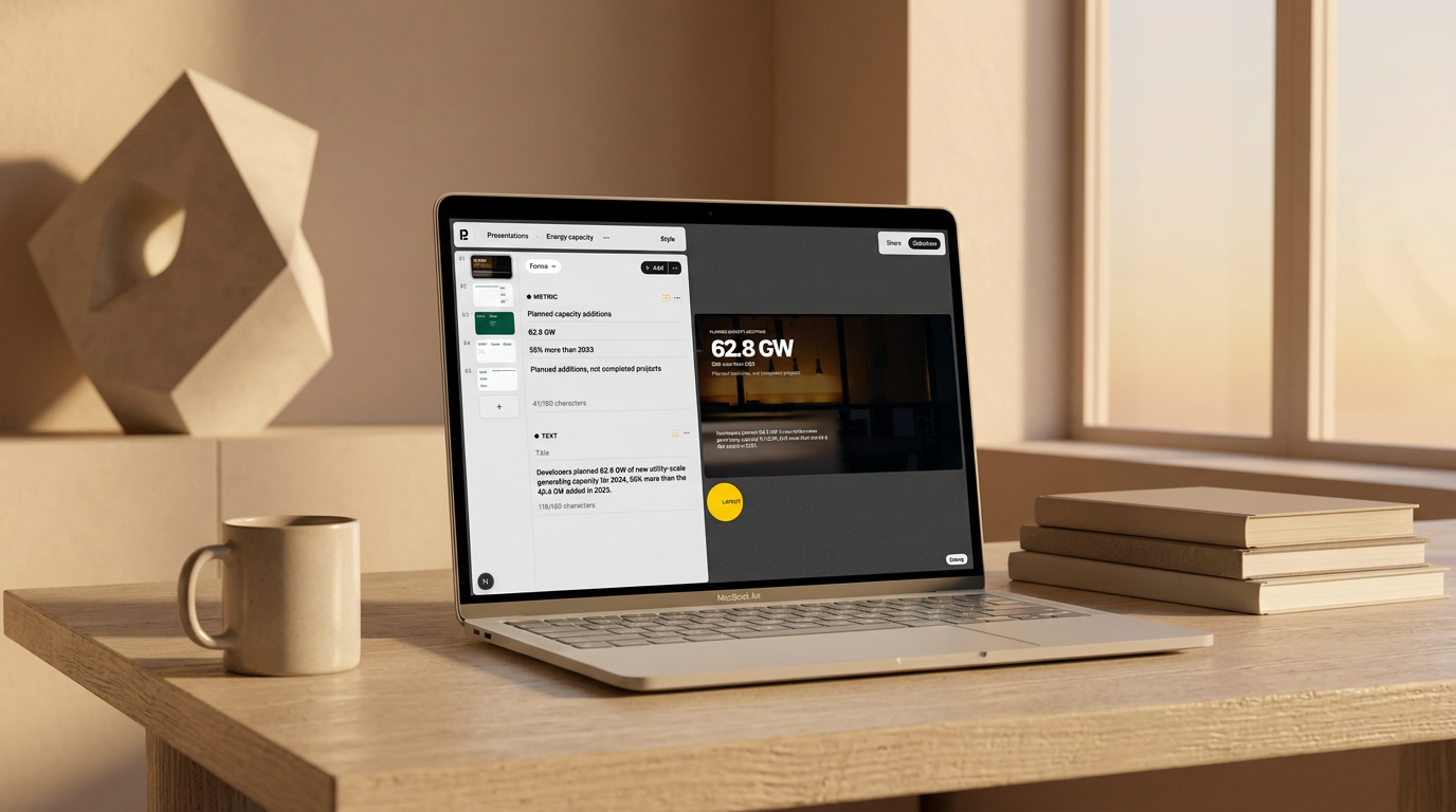 A laptop on a desk showing the Plainline editor with a form panel on the left and a slide preview on the right
