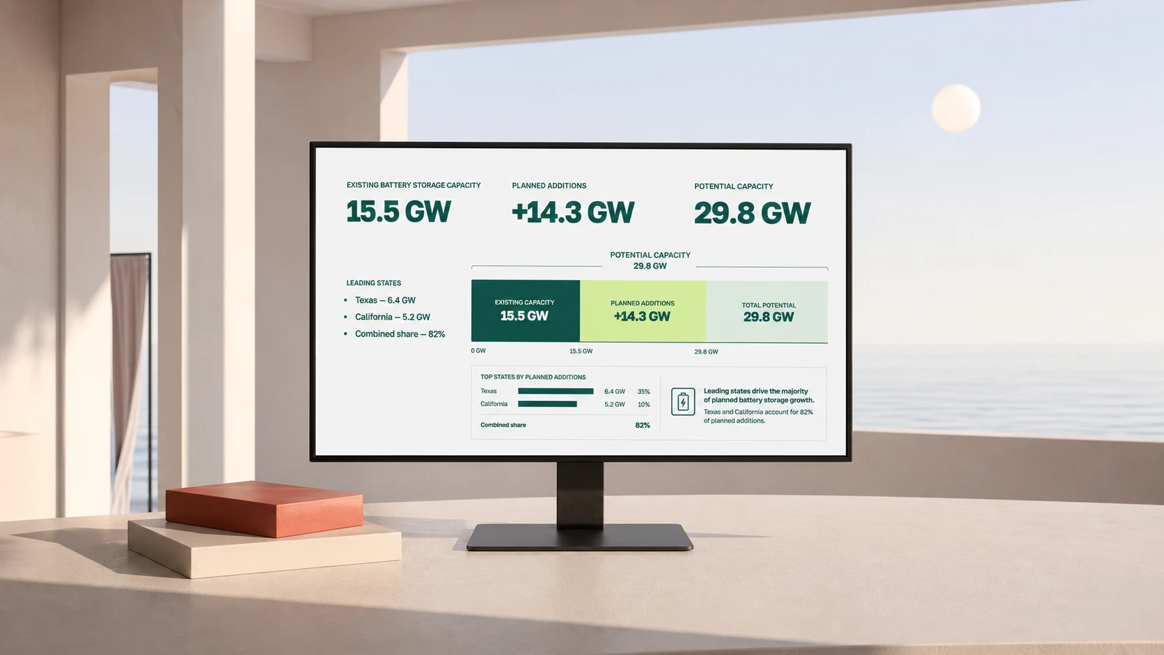 Presentation slide comparing existing battery storage capacity with planned additions and state-level evidence
