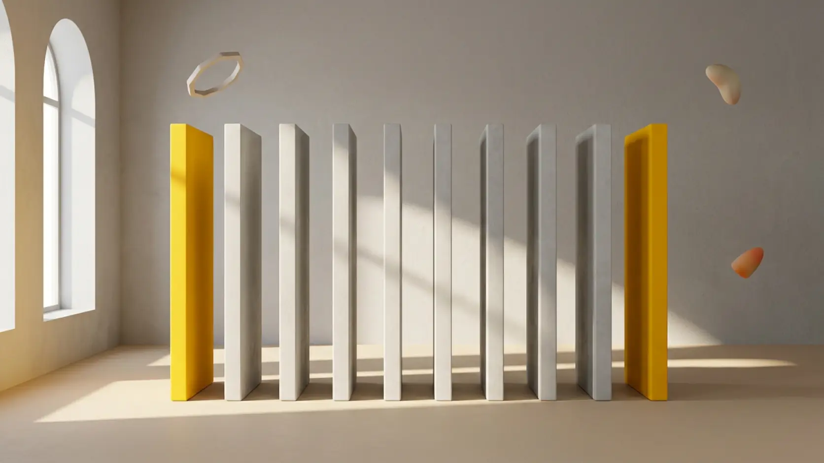 Ten upright panels stand in a line, the first and last of them yellow