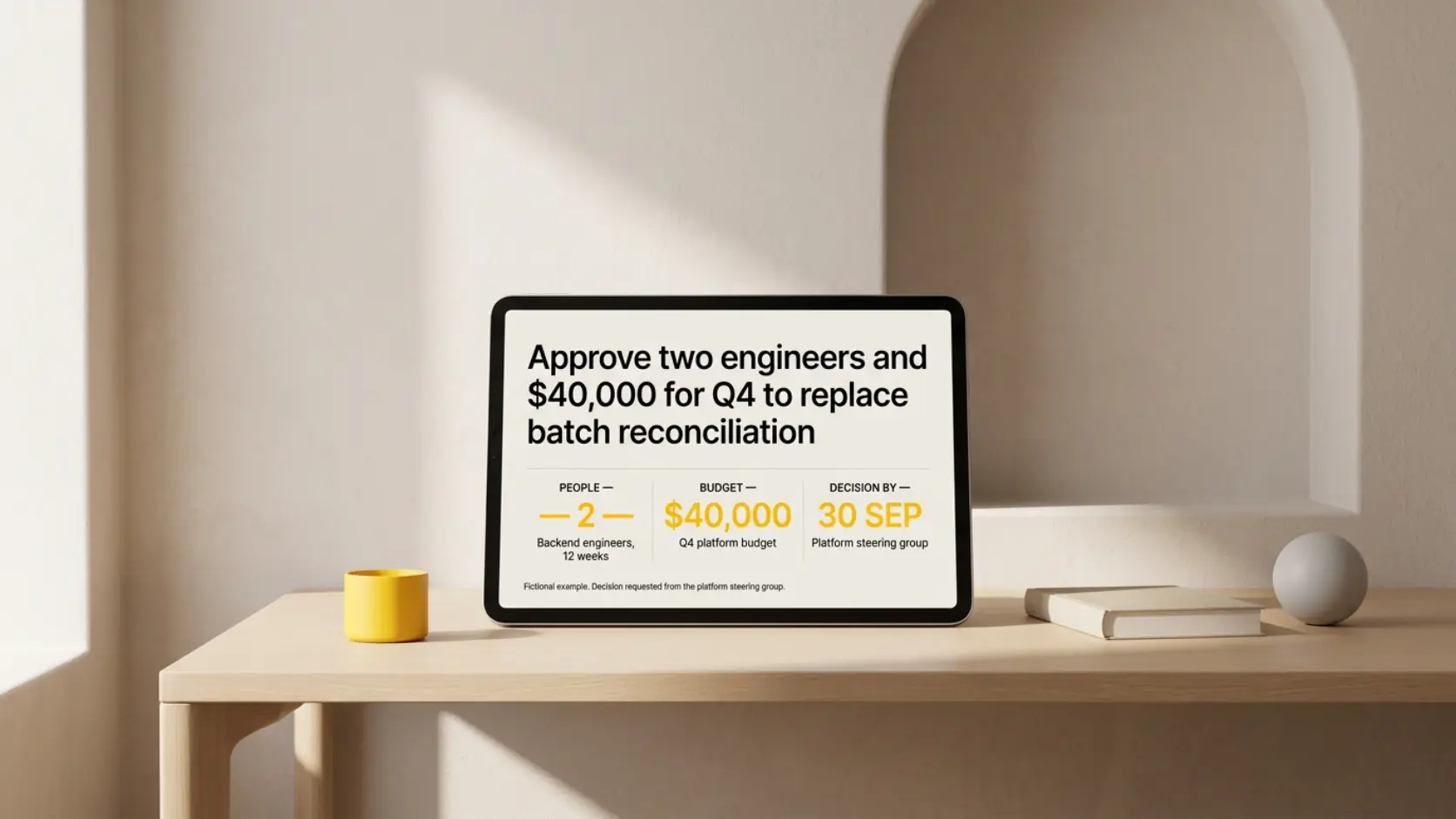 A tablet on a desk shows a proposal slide asking to approve two engineers and $40,000 for Q4, with people, budget, and decision date side by side