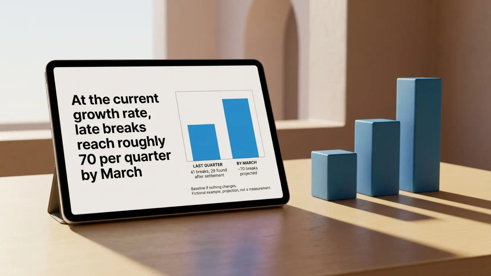 A tablet slide projects late reconciliation breaks rising from 41 to about 70 per quarter, beside three rising blue blocks on the desk