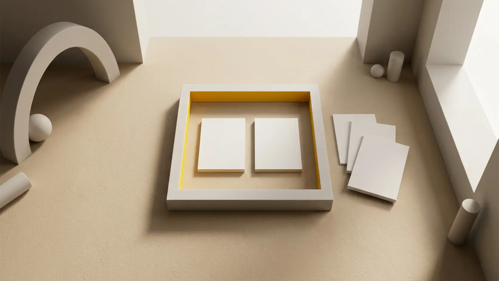 Seen from above, a pale frame with a yellow inner edge holds two blank cards while three more lie outside it
