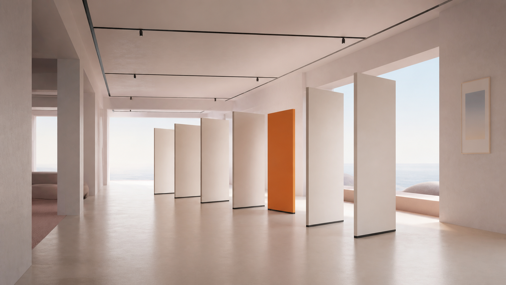 Seven physical panels form a project route, with one orange panel shifted out of line
