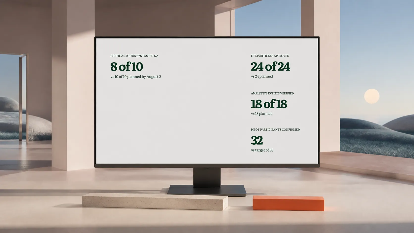 A project status slide on a monitor compares eight completed journeys with a plan of ten