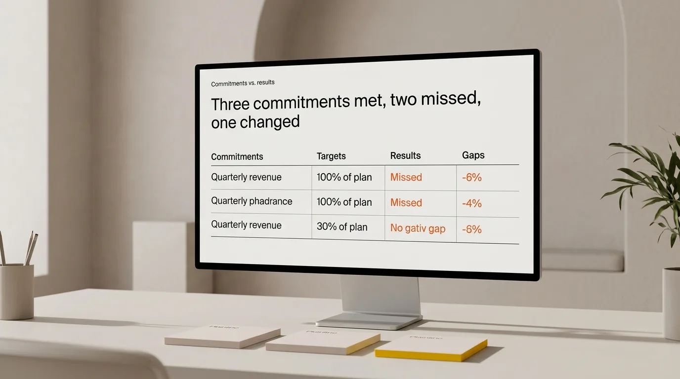 A monitor showing a commitments versus results slide, with three pale cards laid out in a row on the desk