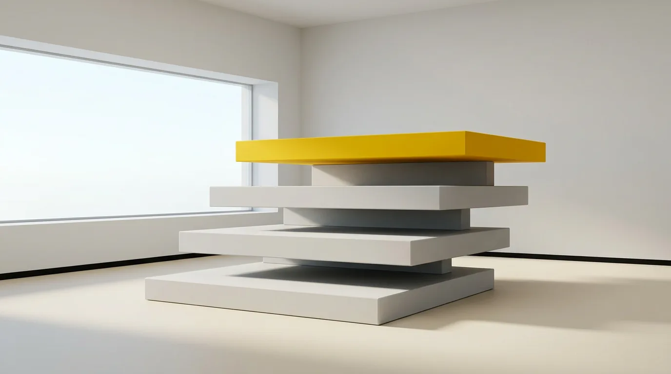 Four stacked pale slabs in an empty sunlit room, the top one yellow and pushed forward