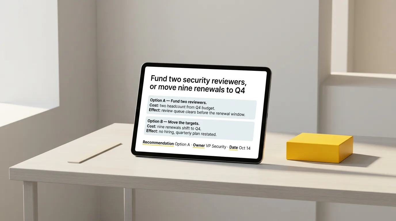 A tablet lying on a desk showing a decision-requested slide with two options, beside a yellow prism block
