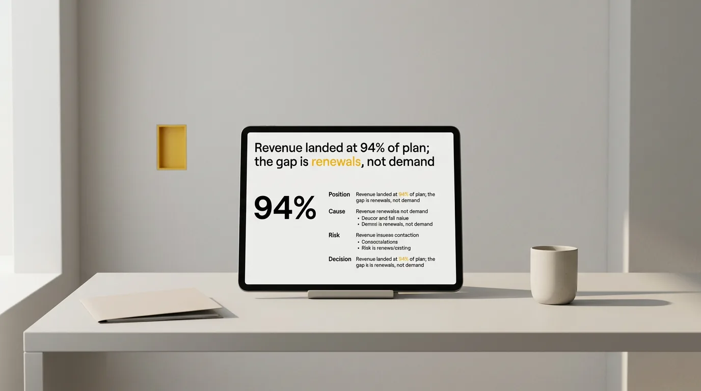 A tablet showing a quarter-in-one-slide summary with position, cause, risk, and decision on four lines