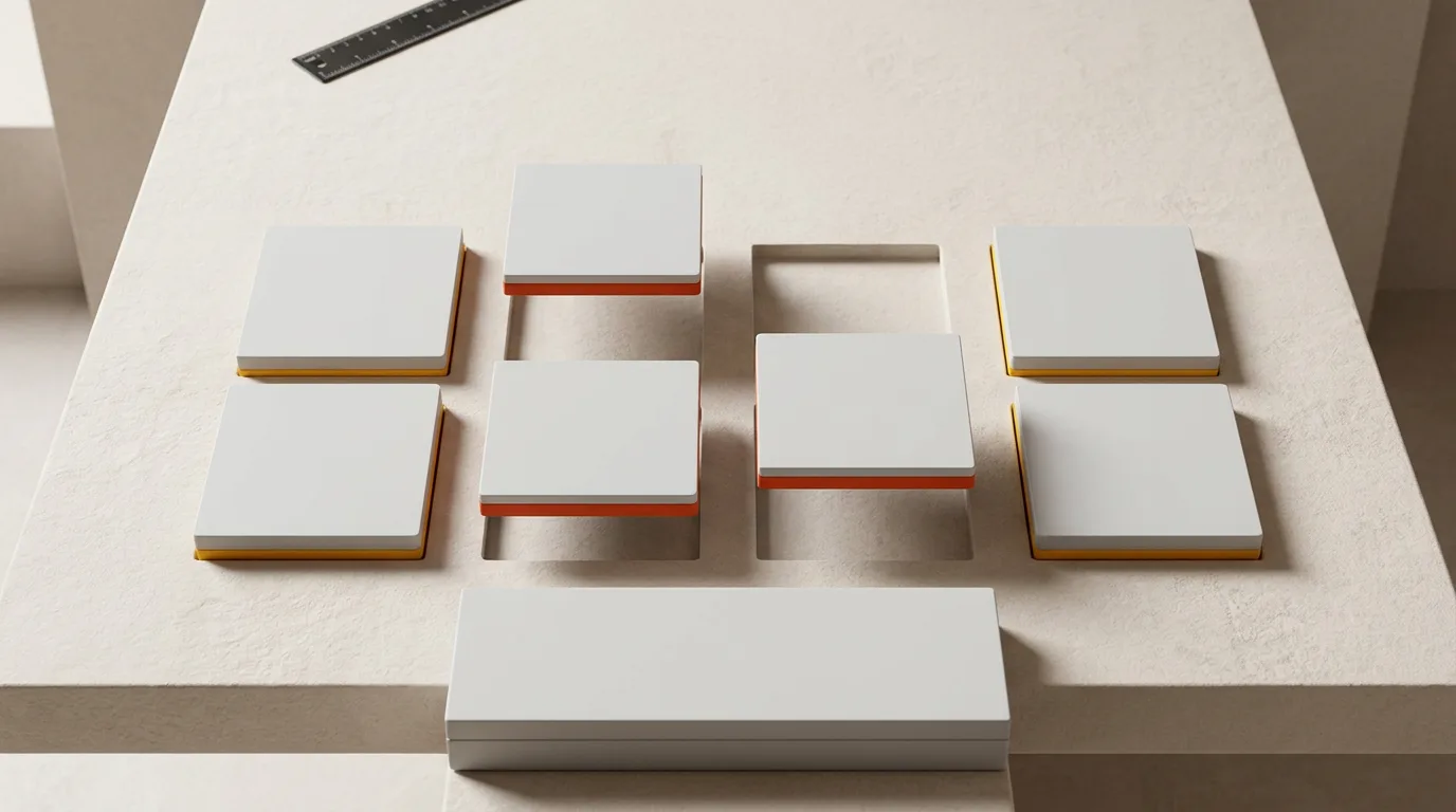 Eight panels in a grid seen from above, four of them edged in orange and lifted out of the deck toward a flat box