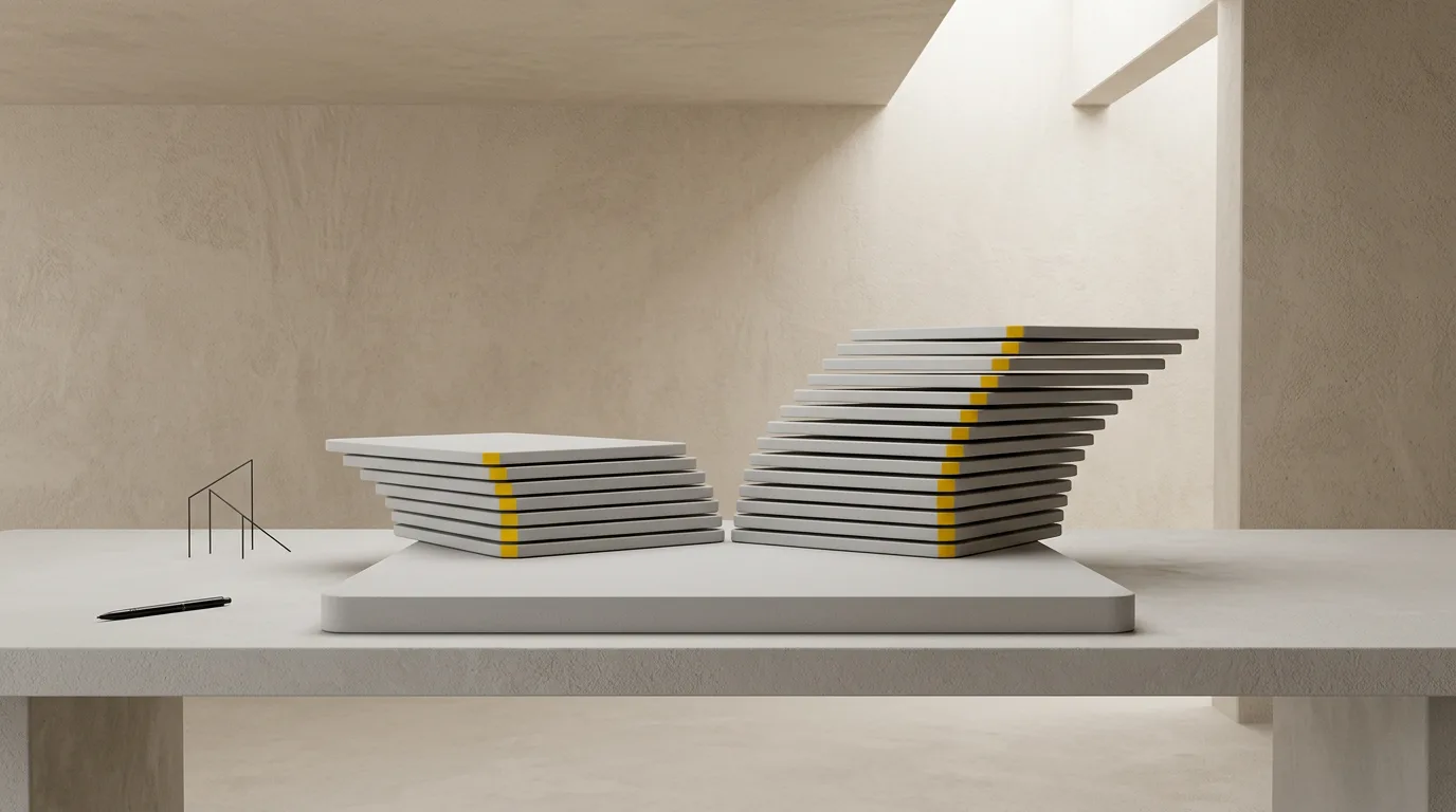One flat panel splits into a short stack of five and a taller stack of twelve, both edged in yellow