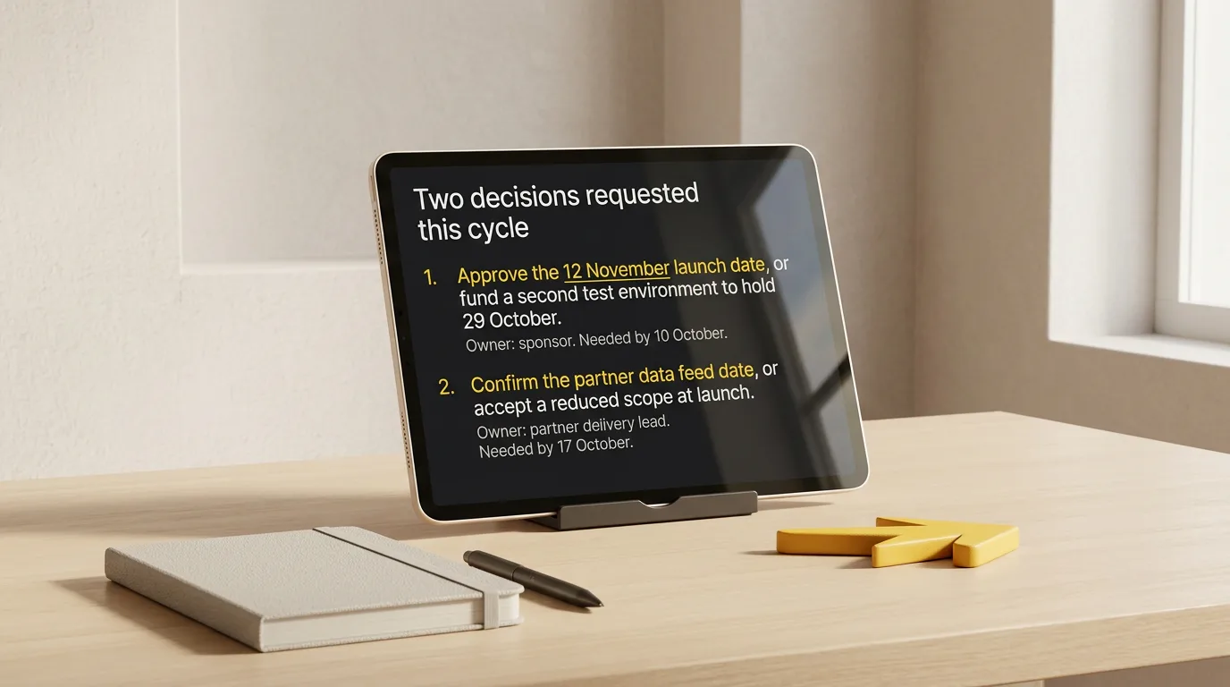 A tablet shows a decisions slide listing two requested decisions with their owners and deadlines