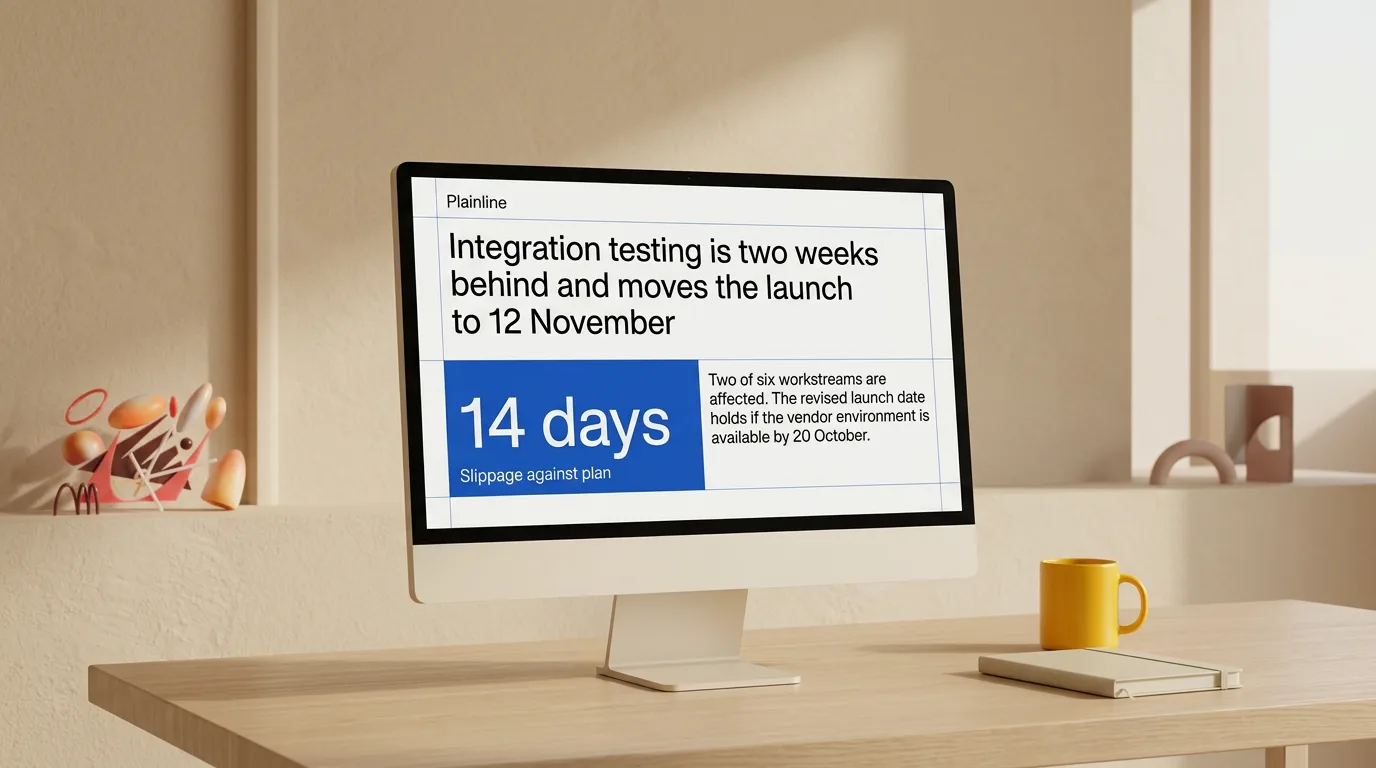 A monitor shows a position slide stating that integration testing is two weeks behind and moves the launch to 12 November