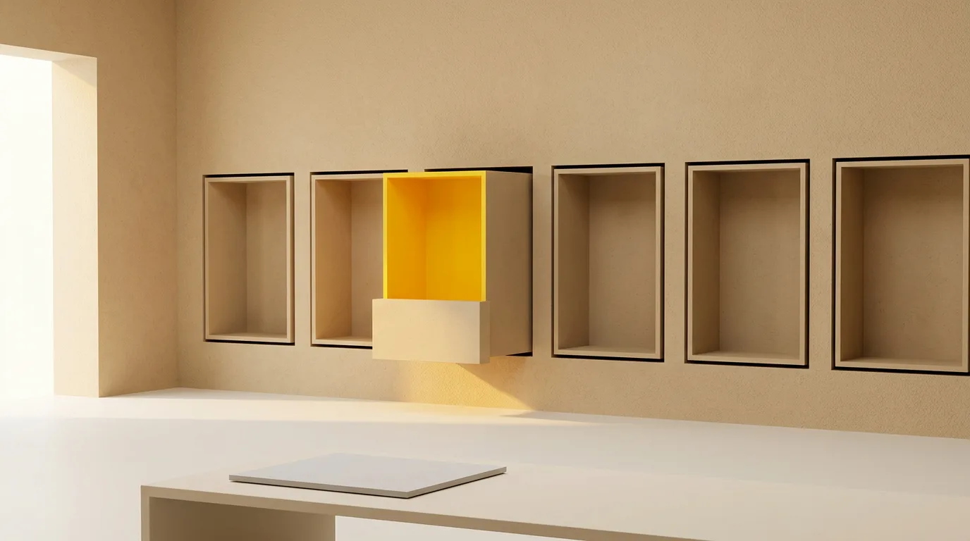 A row of six identical sand-coloured wall niches with the third one pulled forward as a yellow-lined box
