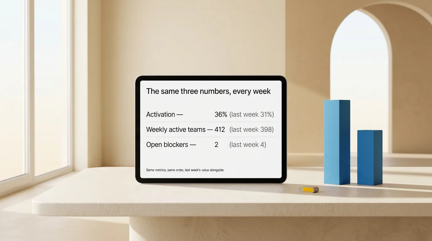 A tablet showing three weekly metrics with last week's value beside each, next to two blue blocks of different heights