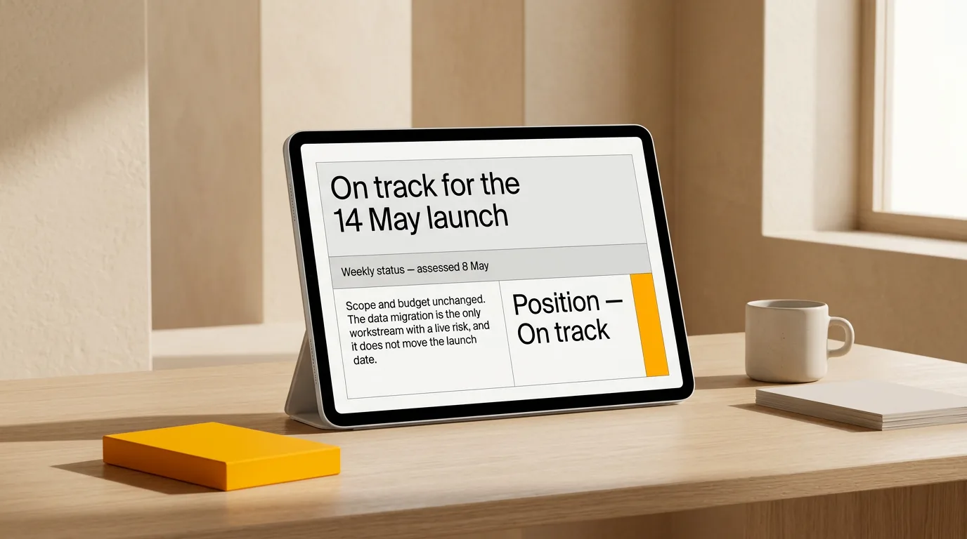 A tablet on a wooden desk showing a position slide reading on track for the 14 May launch, assessed 8 May