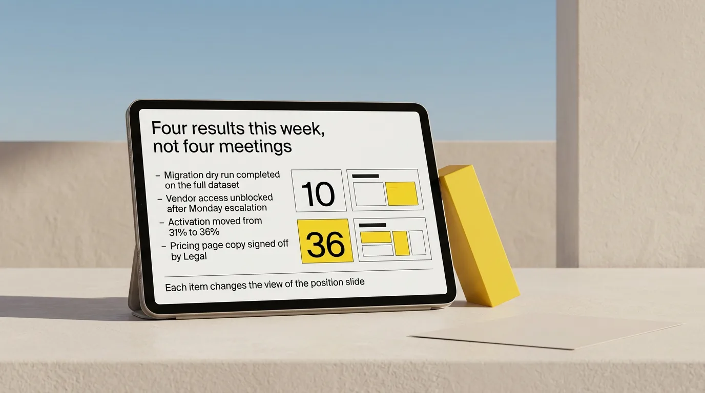 A tablet showing a slide titled four results this week, not four meetings, with four result lines and two number blocks