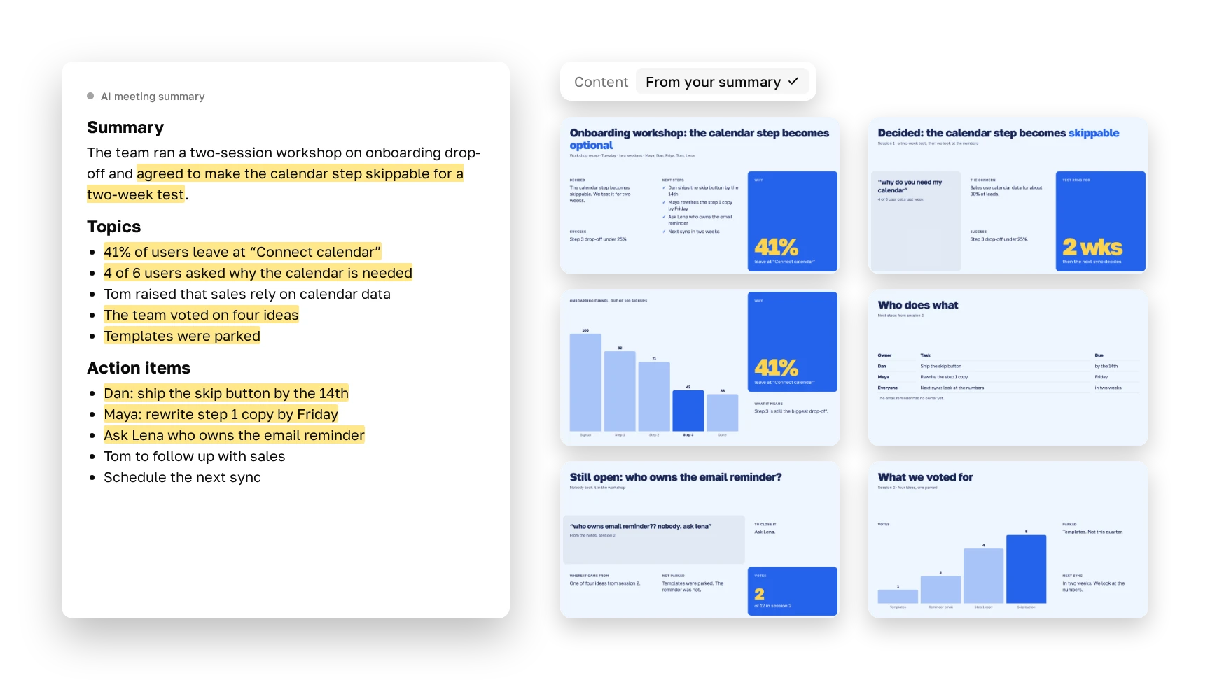 A typical AI meeting summary on the left with the lines used on slides highlighted; a six-slide workshop recap deck on the right