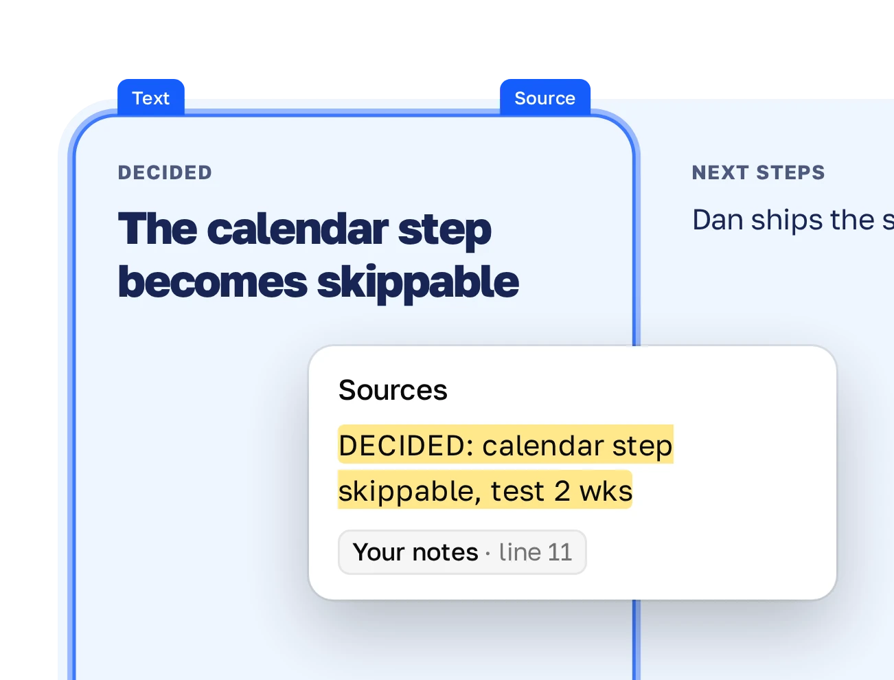 A slide block with the Sources panel open, showing the line of the notes it came from