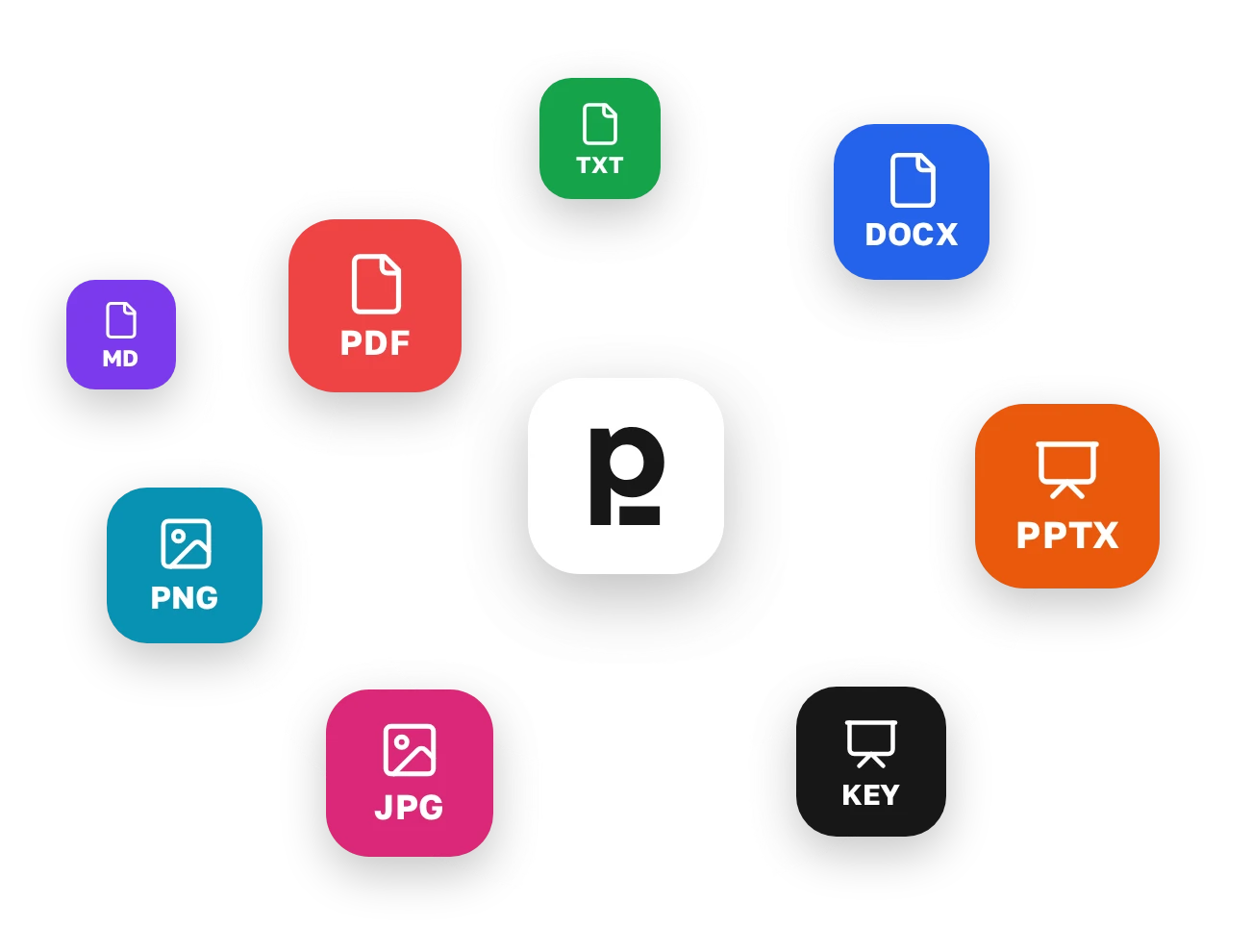 The Plainline logo surrounded by coloured tiles with file formats: PDF, DOCX, PPTX, KEY, PNG, JPG, TXT and MD