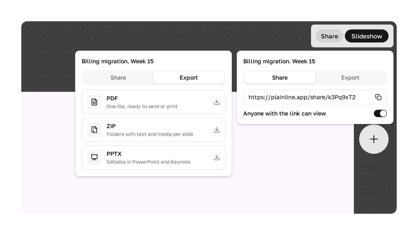 The Plainline editor with the Share window open in two states: a view link with the switch “Anyone with the link can view”, and export to PDF, ZIP and PPTX