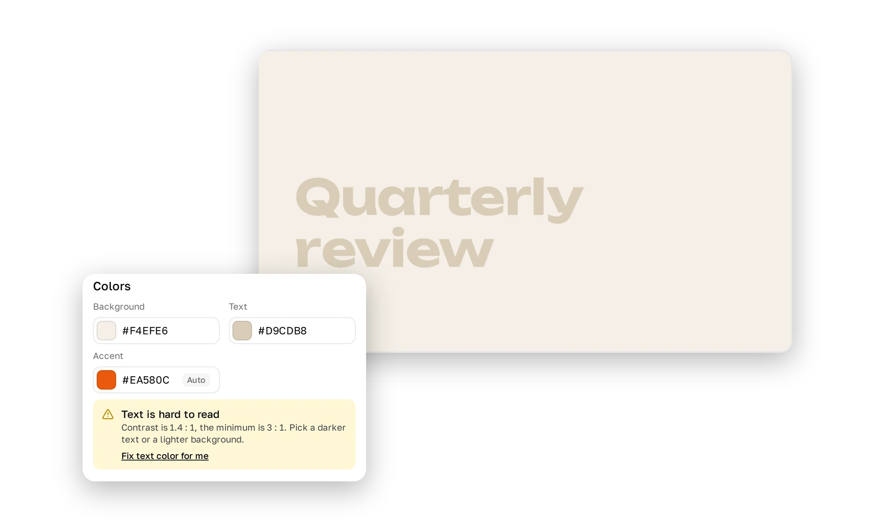 A title slide with light beige text on a light background that is hard to read. Over its corner, the Colors settings with the warning “Text is hard to read” and the link “Fix text color for me”
