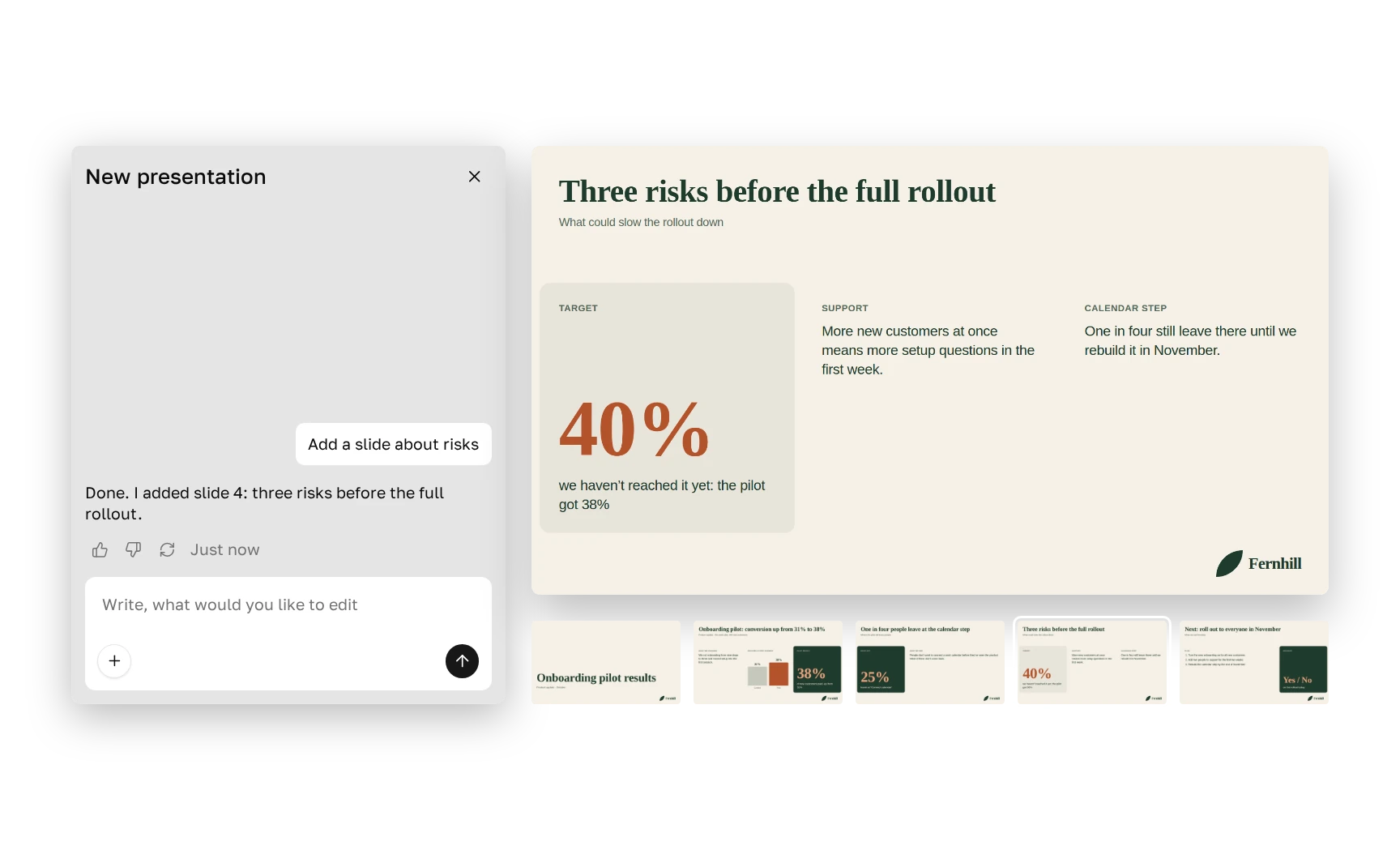 The chat request “Add a slide about risks” and the reply “Done”. Next to it, the new fourth slide in the Fernhill style is selected in a five-slide deck: same fonts, colors and logo as the rest