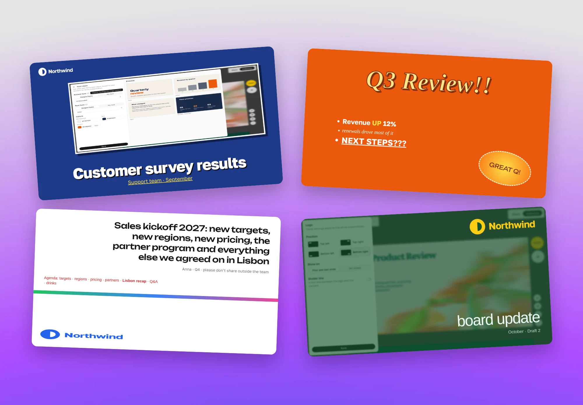 Four scattered, sloppy decks of one company: a blue cover with a stretched screenshot pasted over it, an orange cover with word-art title and a sticker but no logo, a white cover with a very long headline, a rainbow line and a stretched logo, and a green cover over a blurry photo with a huge yellow logo and a thin lowercase title
