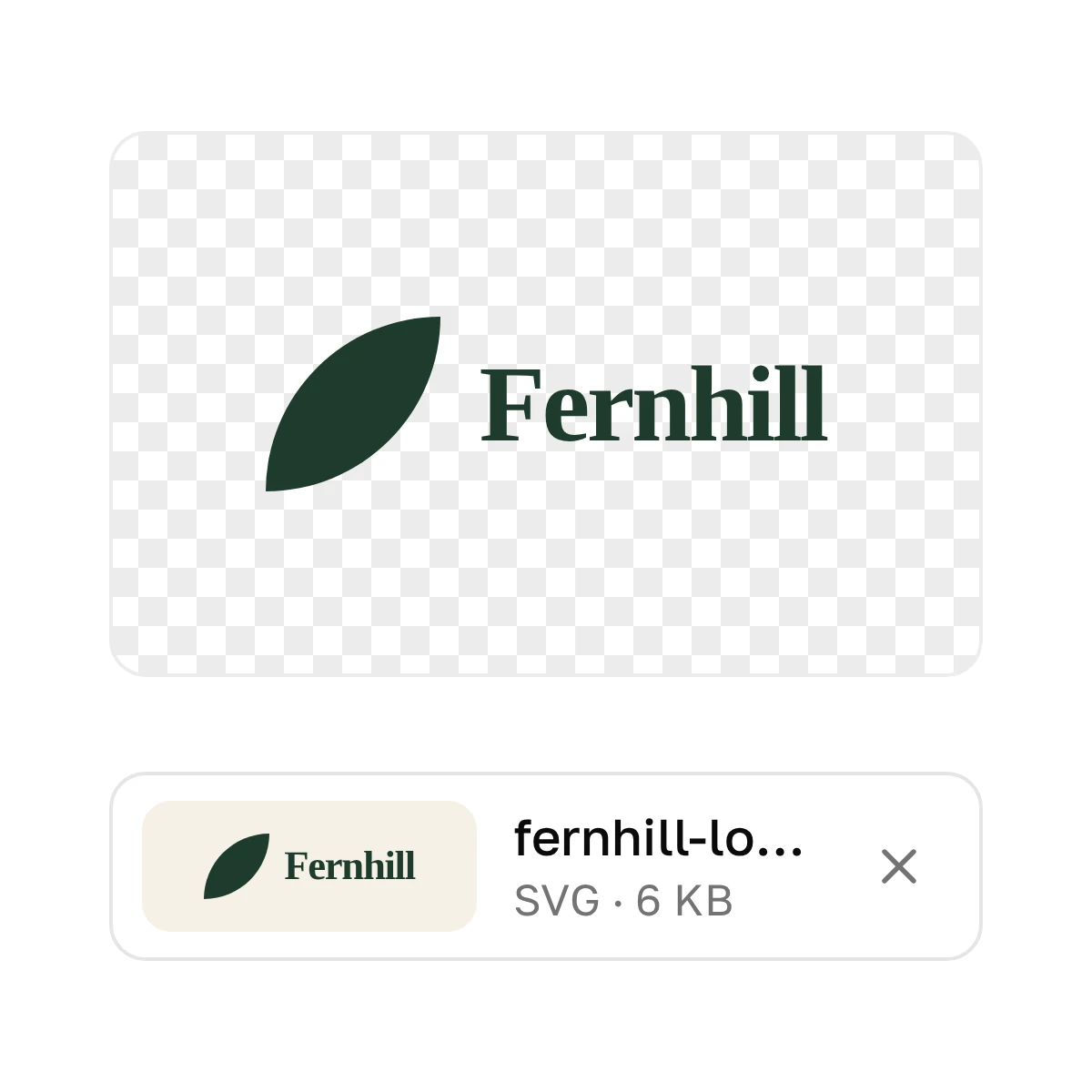 The Fernhill logo on a transparent checkerboard, with the uploaded file fernhill-logo.svg below