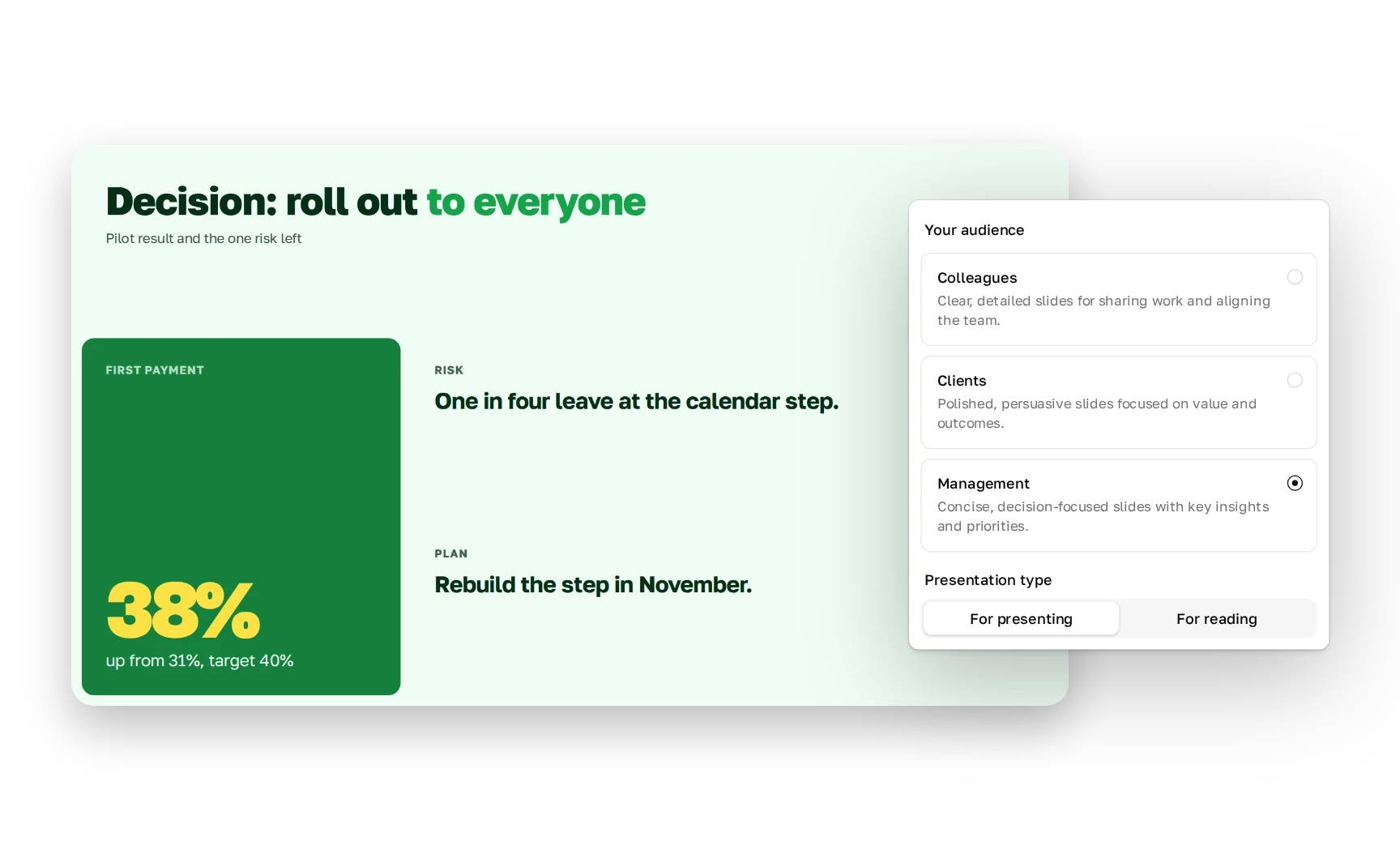 The Your audience menu in Plainline with Management selected, overlapping a slide that leads with the decision: roll out to everyone