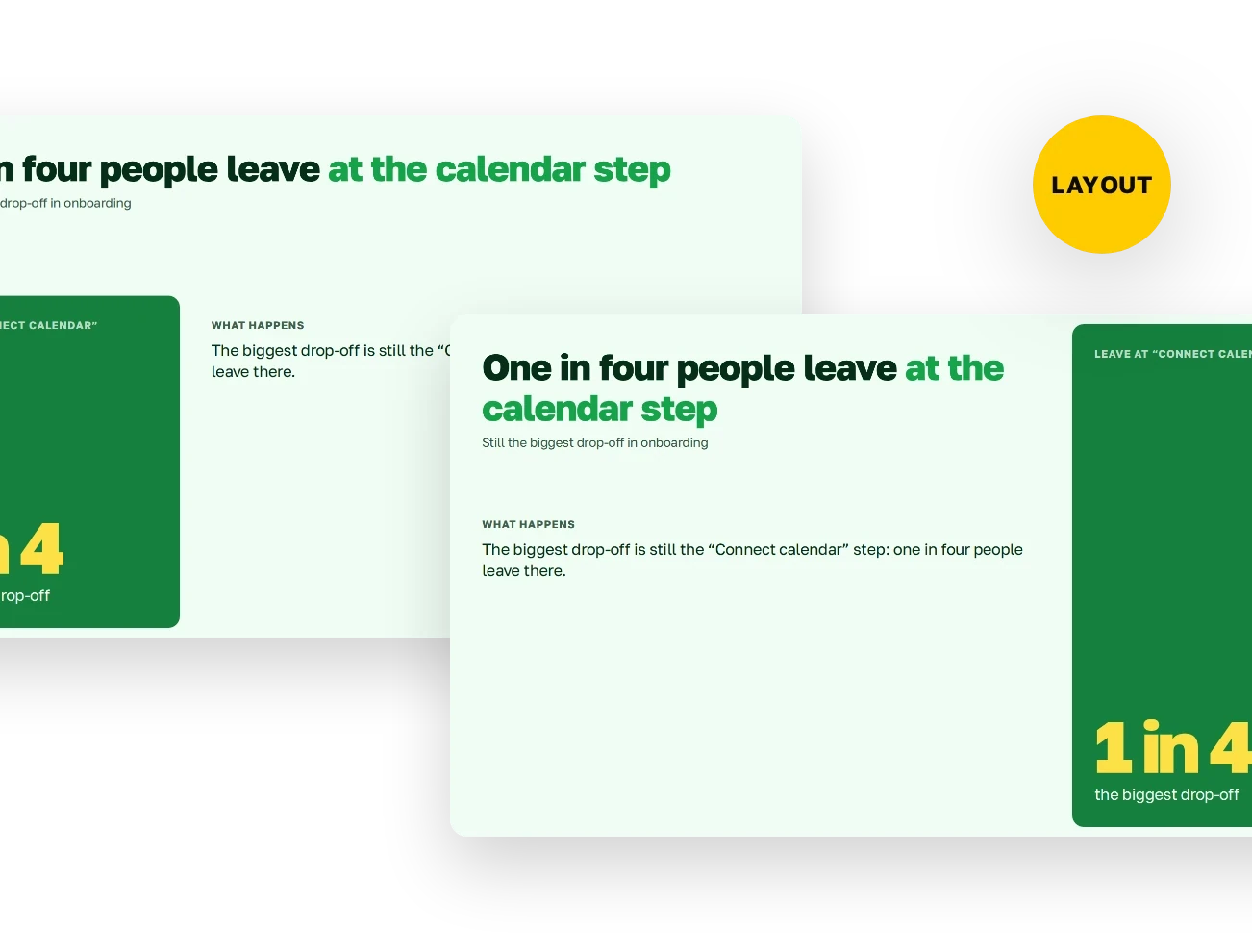 The yellow Layout button and two versions of the same slide with a different layout