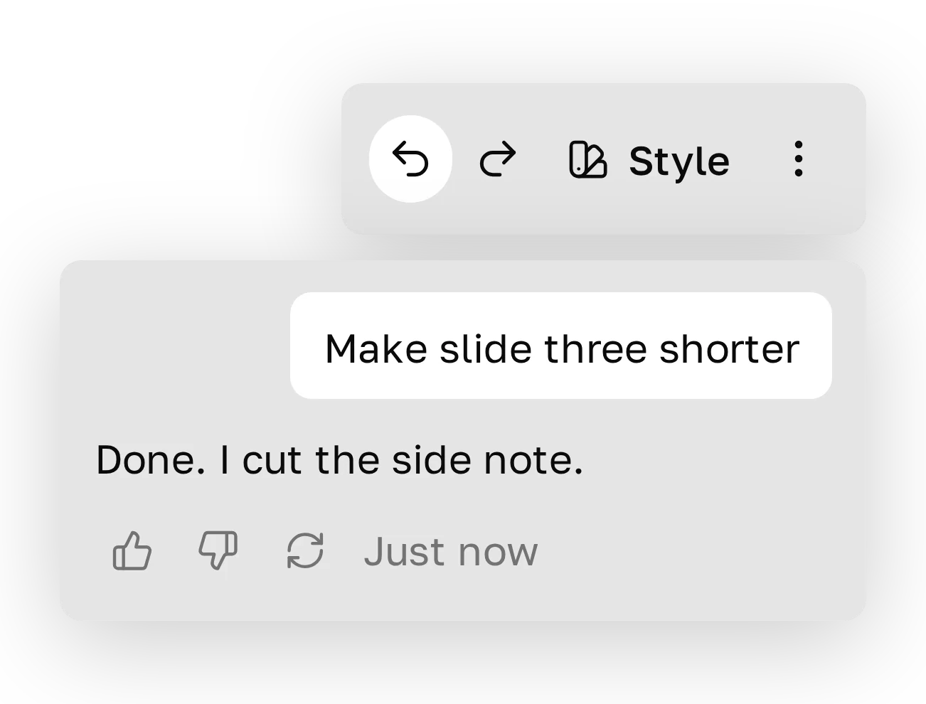 A chat request “Make slide three shorter”, the reply “Done. I cut the side note.”, and the Undo button in the toolbar