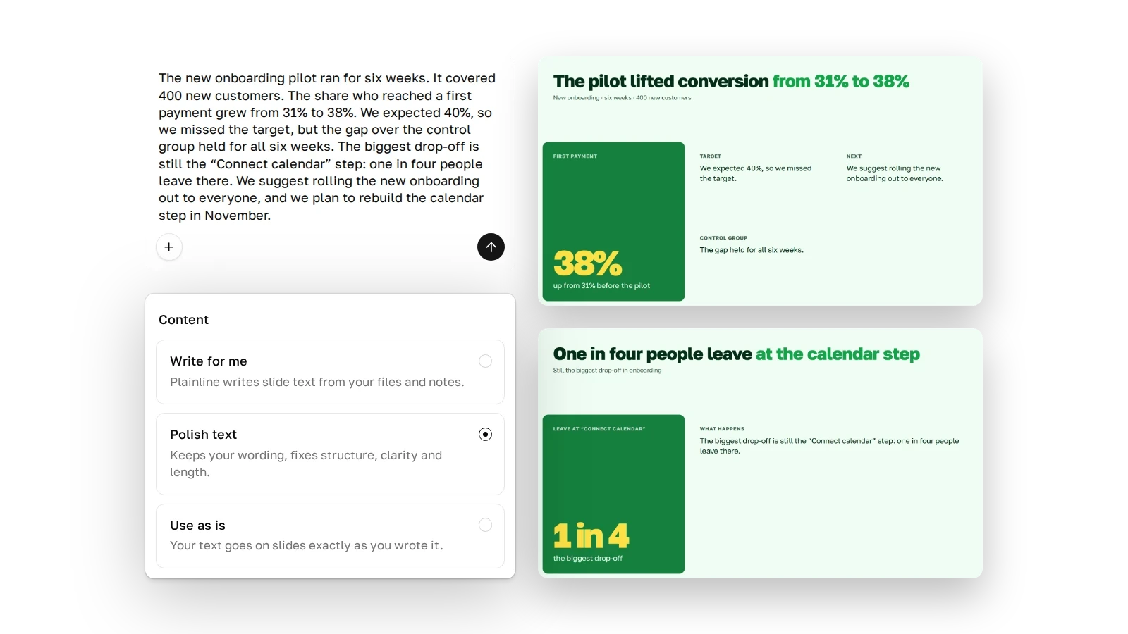 Polish text: the same paragraph as two slides with the takeaway in the headline, the number 38% and the caveat about the missed target