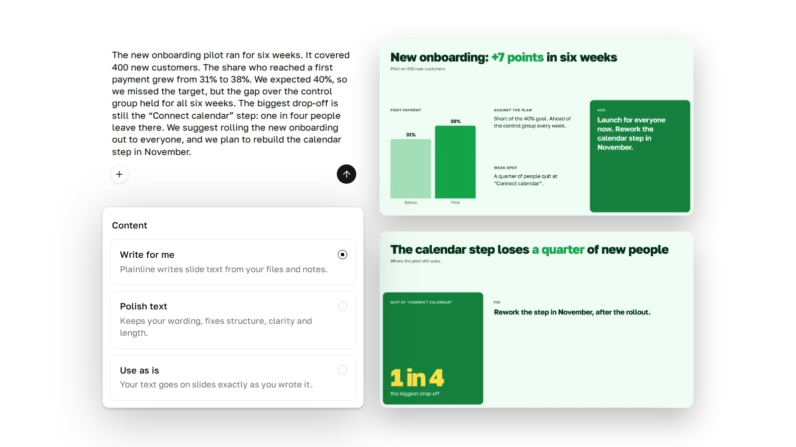 Write for me: two new slides written from the paragraph, with a chart, a short ask and the calendar step