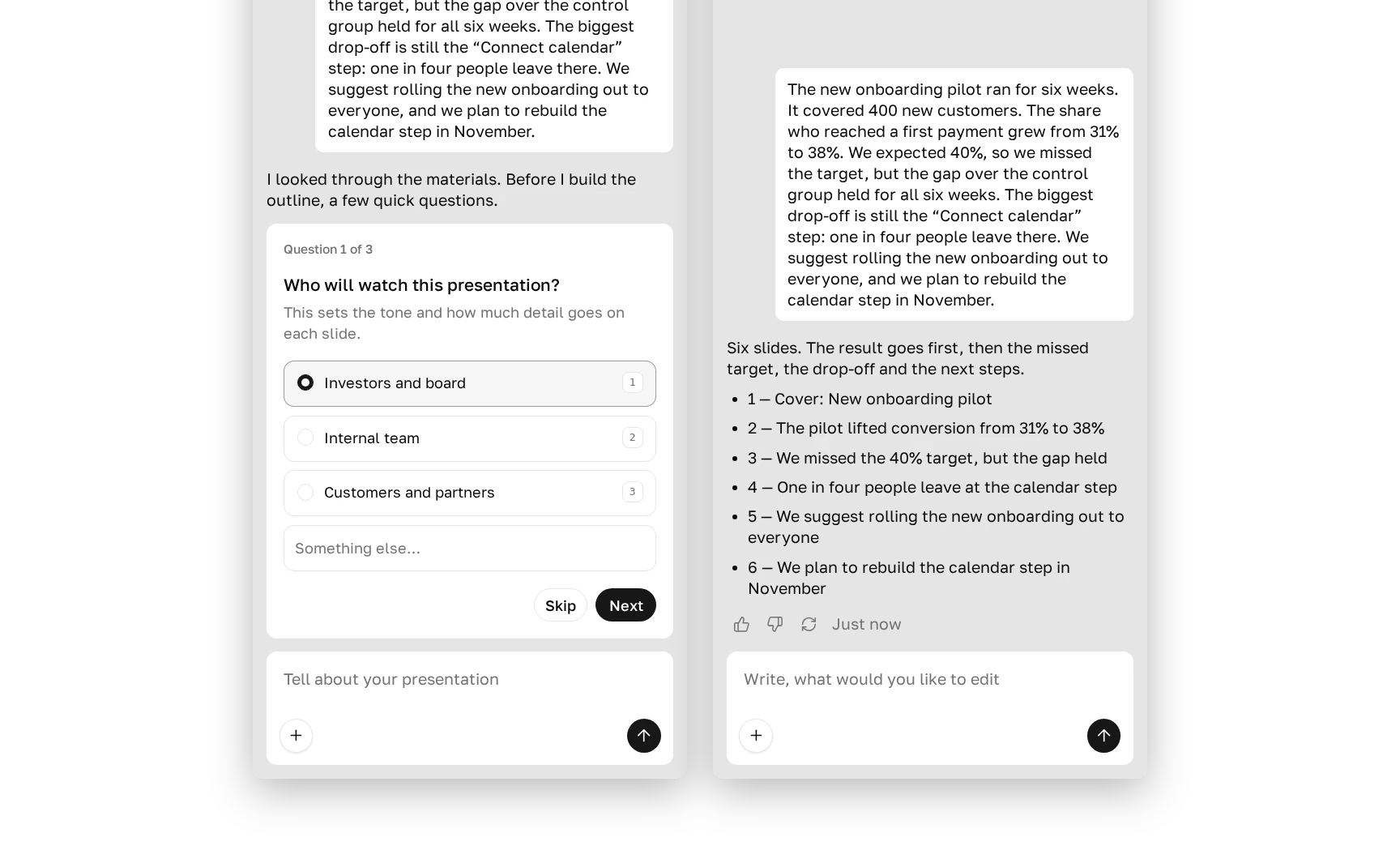 Two Plainline chat steps after a pasted paragraph: a question about who will watch the deck, then an outline of six slides with their headlines, before the build
