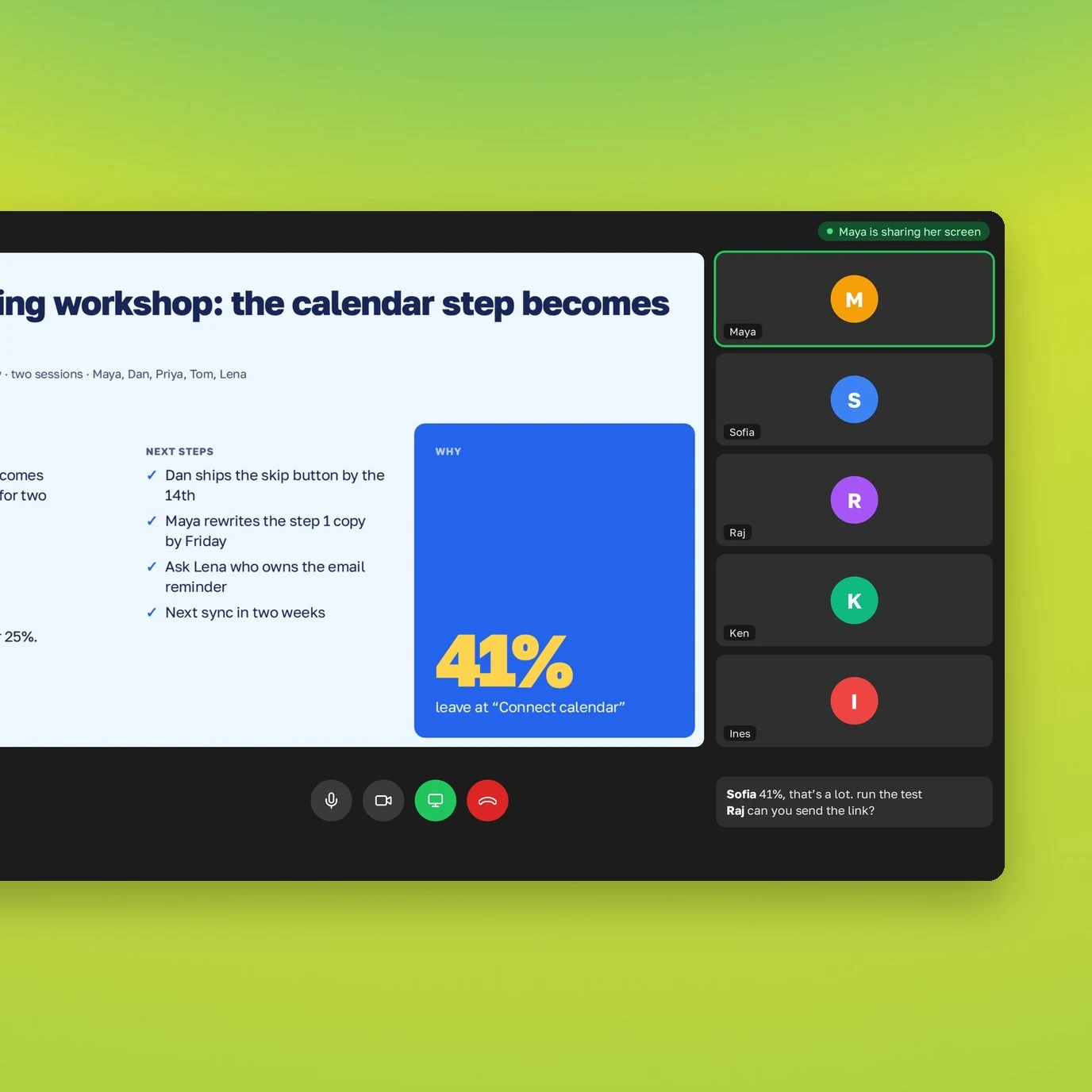 A video call with a workshop recap deck on the shared screen