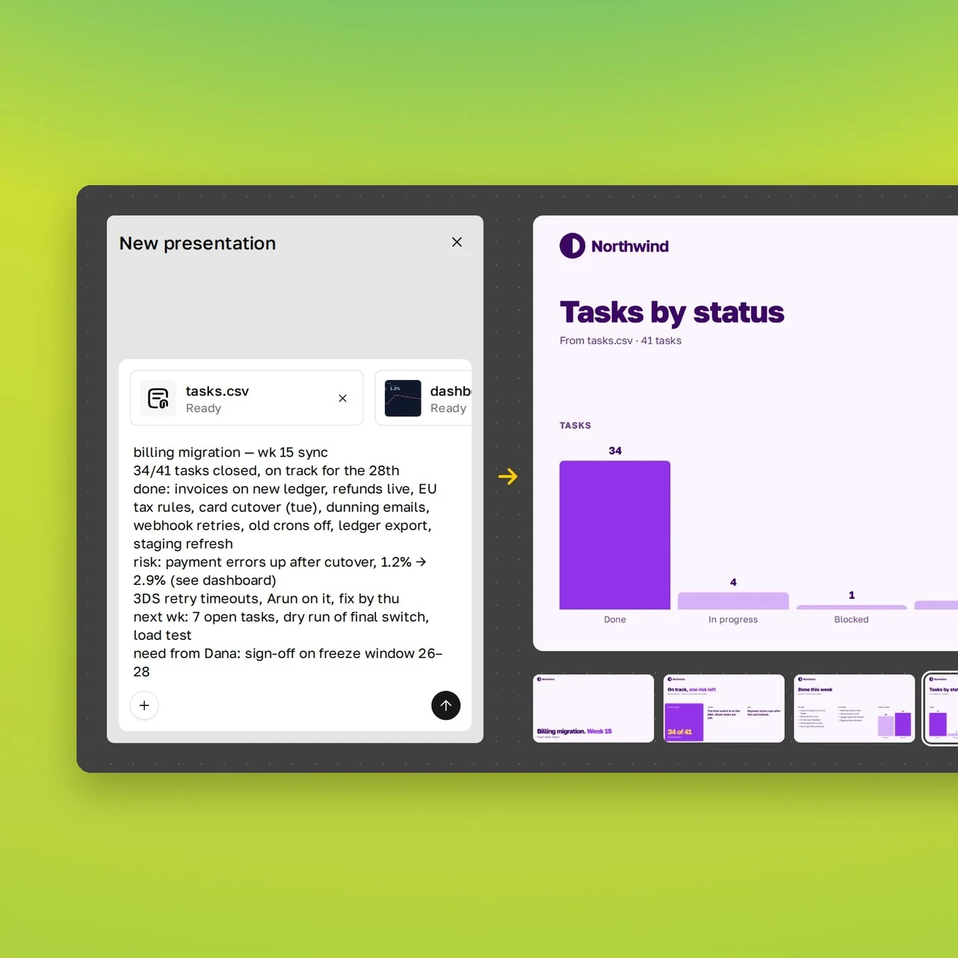 The Plainline chat with the week’s notes and files, next to the finished update deck