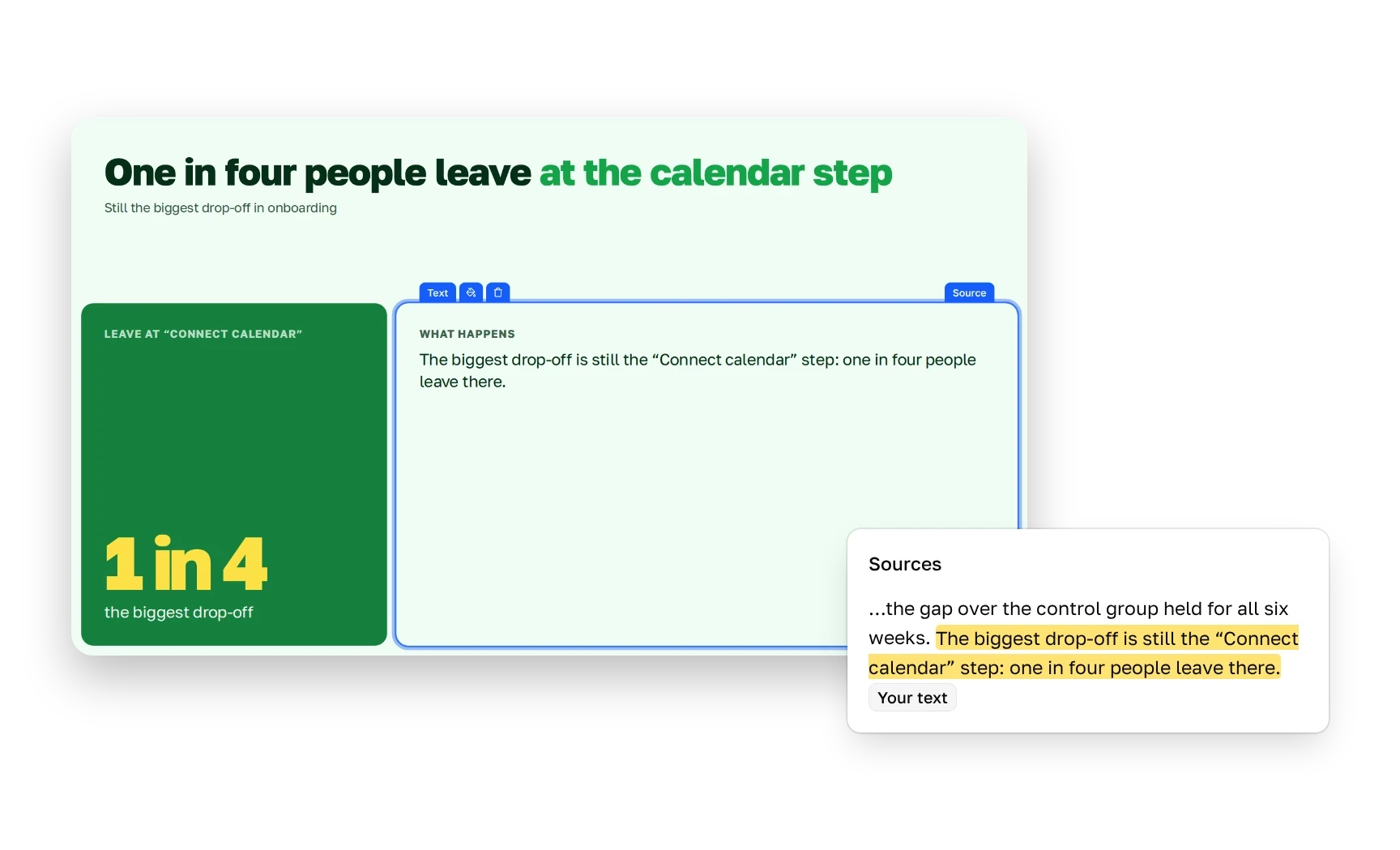 A slide with the text block selected and the Sources popover open. It shows the sentence from the pasted text that the block relies on